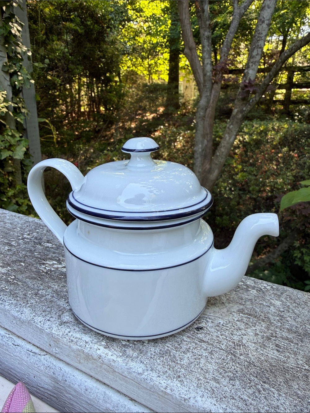 Dansk White Teapot with Navy Trim